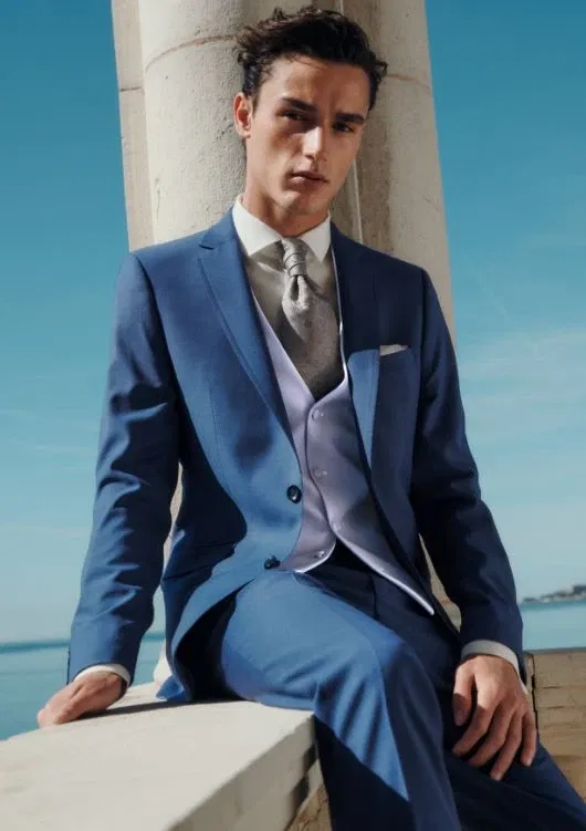 Blauwe 3 piece trouwpak