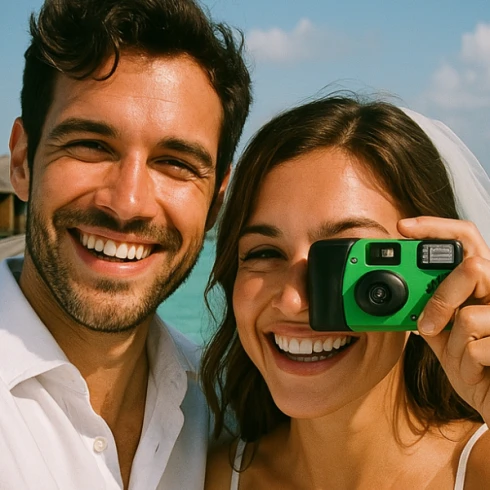 Koppel op huwelijksreis. Ze lachen naar de camera. Op de achtergrond zie je een azuurblauwe zee met van die waterhutjes. De vrouw heeft een wegewerpcamera vast.