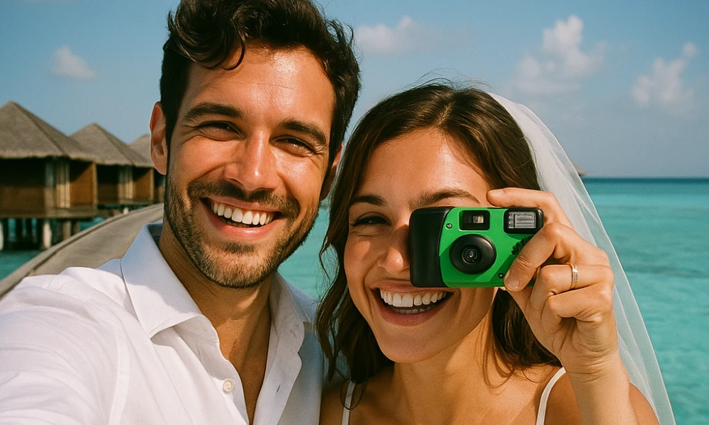 Koppel op huwelijksreis. Ze lachen naar de camera. Op de achtergrond zie je een azuurblauwe zee met van die waterhutjes. De vrouw heeft een wegewerpcamera vast.