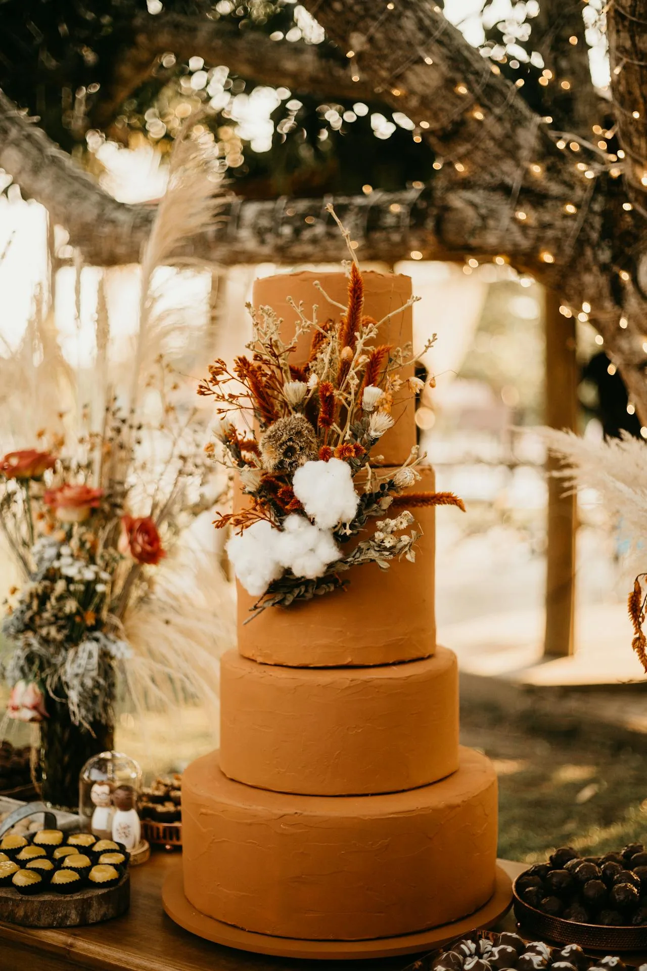 Prachtige gekleurde bruidstaart met bloemen.