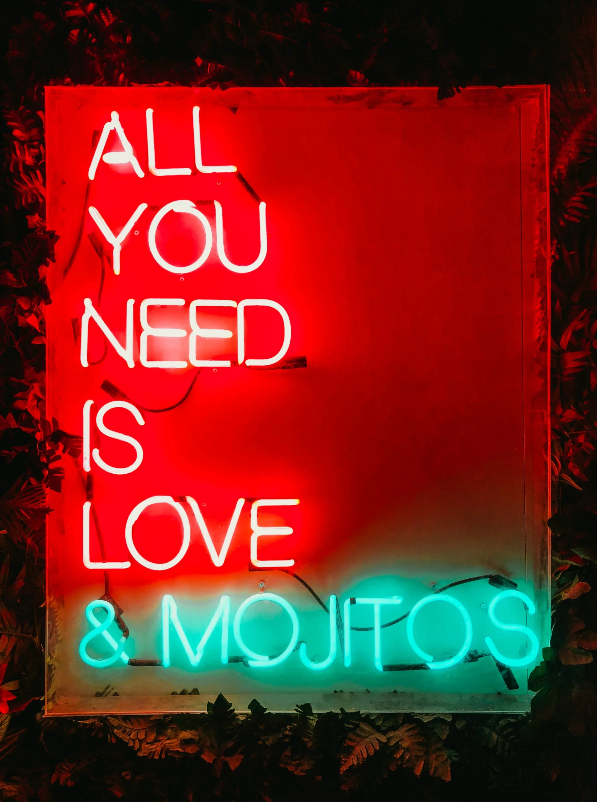 Neon bord met feesttekst All you need is love and mojito's