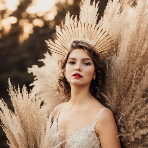 bruid, fotoshoot, pampas
