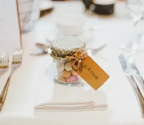 naamkaartje diner potje snoep huwelijksbedankje