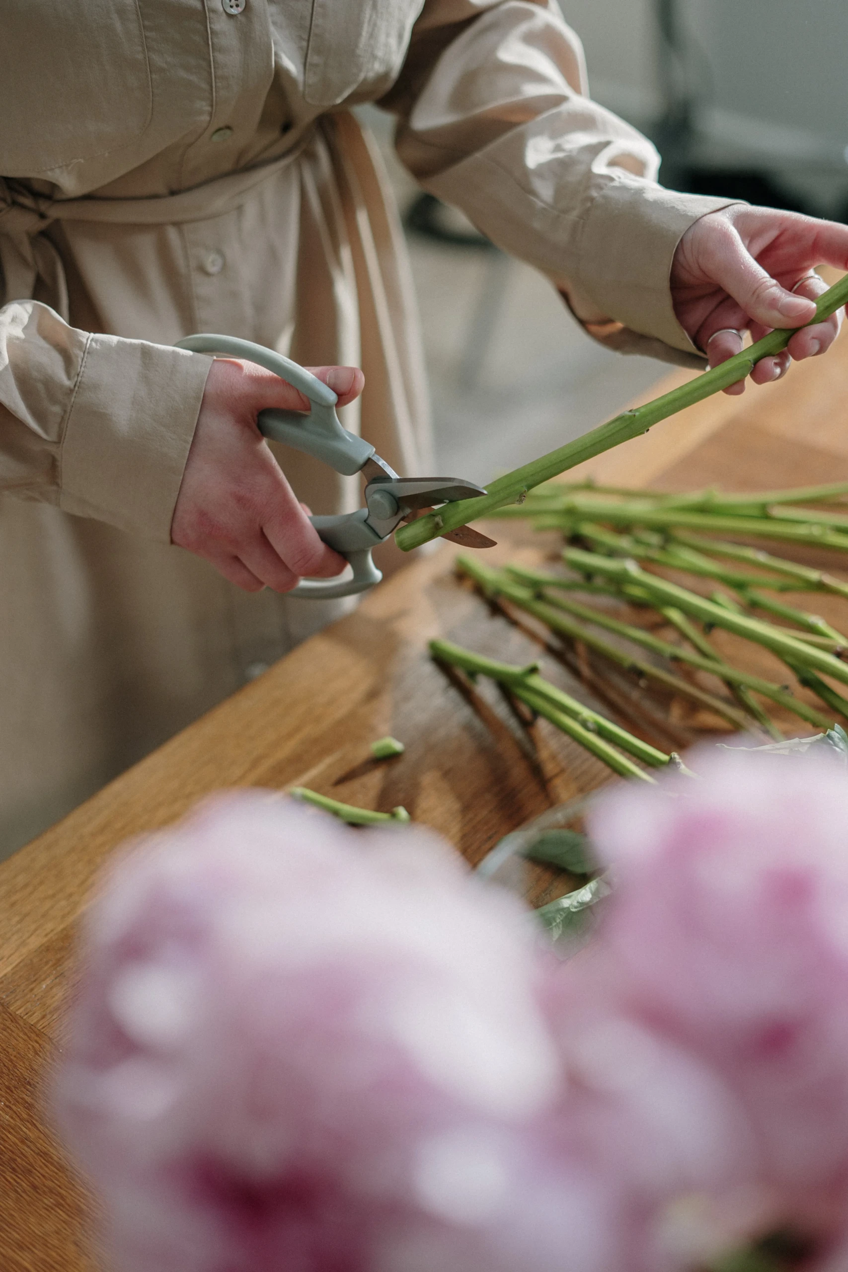 Een vrouwenhand knipt met een groene schaar de steel van een bloem af