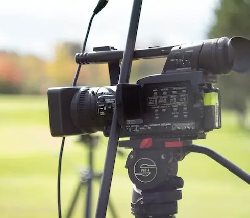 Een videocamera op een grasveld