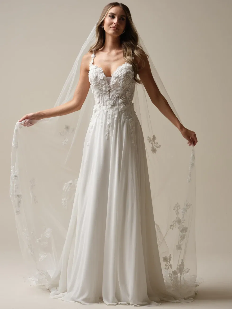 Bruid in een romantische A-lijn trouwjurk met bloemenapplicaties, off-shoulder bandjes en een vloeiende chiffon rok, poserend tegen een neutrale achtergrond.