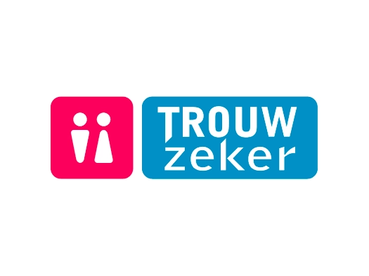 Logo van Trouwzeker met twee iconische figuren en de naam ‘Trouwzeker’ in wit op een roze en blauwe achtergrond.