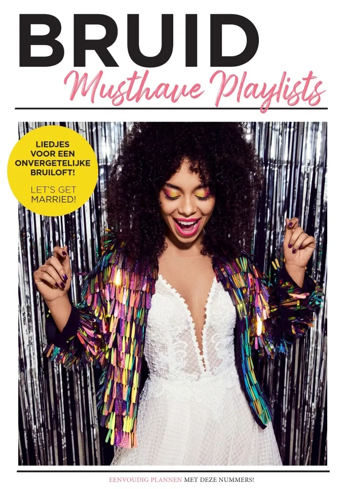 Cover van de BRUID Musthave Playlists met kleurrijk geklede bruid voor zilveren achtergrond, voor de ultieme trouwfeestmuziek.