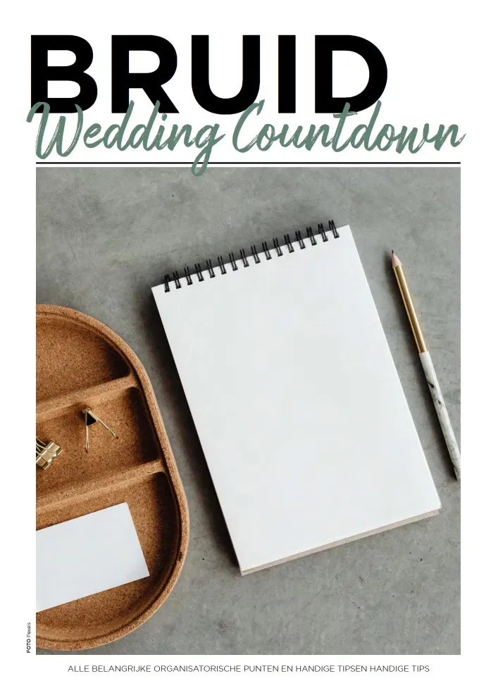 Voorpagina van de BRUID Wedding Countdown-boekje met notitieblok en pen, voor het bijhouden van alle trouwtaken.