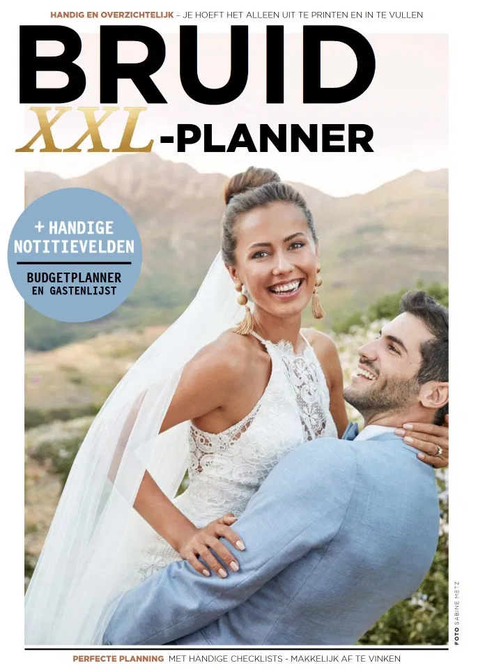 Voorpagina van de BRUID XXL-planner met bruid en bruidegom in berglandschap, inclusief budgetplanner en gastenlijst.