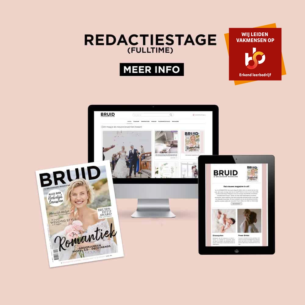 Vacaturebeeld voor fulltime redactiestage bij Bruid & Bruidegom, met magazinecover, website en tabletweergave