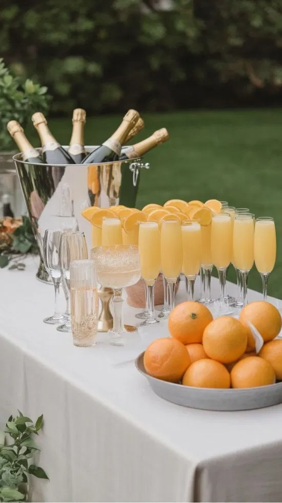 Mimosa bar voor op een bruiloft. Je ziet hier sinaasappels en champagneglazen met cava ernaast.