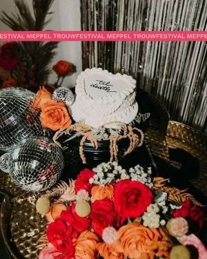 Afbeelding van Trouwfestival Meppel. Er staat een witte bruidstaart op omringt door mooie herfstbloemen