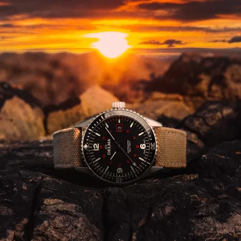 Foto van een horloge dat op een rots ligt. Het perfecte accessoire voor de bruidegom van Delma horloges