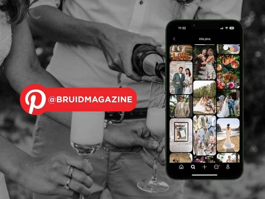Smartphone met Pinterest-profiel vol trouwfoto’s, vastgehouden door een stel dat champagne inschenkt, met Pinterest-logo en @Bruidmagazine.