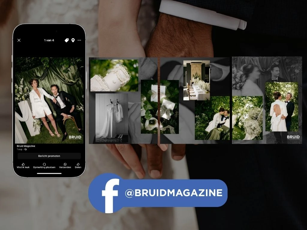 Collage van trouwfoto’s op een smartphone en in losse kaders, met Facebook-logo en @Bruidmagazine.